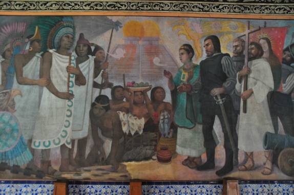 Pintura retrata o primeiro encontro entre Cortes e Montezuma, no Hospital fundado pelo conquistador espanhol, na Cidade do México, capital do país